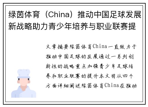 绿茵体育（China）推动中国足球发展新战略助力青少年培养与职业联赛提升